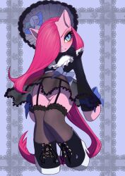  alternate_costume animal_ears black_bow black_bowtie black_footwear blue_eyes boots bow bowtie commentary dark_persona english_commentary female frills full_body furry furry_female garter_straps gothic_lolita hair_over_one_eye horse_ears horse_tail lace lace_socks lolita_fashion long_hair long_sleeves my_little_pony my_little_pony:_friendship_is_magic navel no_panties no_pussy personification pink_hair pinkamena_diane_pie pinkie_pie_(mlp) ribbon see-through slit_pupils solo standing tail uno_usaya 