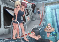  5girls absurdres aiming ball beachball black_hair blonde_hair blue_eyes caution dated earth_(planet) highres ladder long_hair moon multiple_girls one-piece_swimsuit original planet pleated_skirt ponytail pool red_eyes red_hair side_ponytail sign signature skirt space_station swimsuit teisei_sagishi translation_request water_gun 