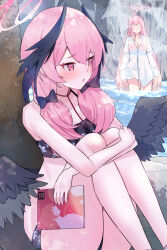  2girls absurdres bare_arms bare_legs bikini black_bikini black_bow black_wings blue_archive blush book bow braid breasts cleavage collared_shirt commentary_request crossed_arms dress_shirt feathered_wings feet_out_of_frame hairbow halo hanako_(blue_archive) hanako_(swimsuit)_(blue_archive) head_wings highres holding holding_book hugging_own_legs koharu_(blue_archive) koharu_(swimsuit)_(blue_archive) large_breasts legs_together long_hair looking_at_viewer looking_to_the_side low_twintails low_wings mi_taro333 multiple_girls o_o open_mouth outdoors oversized_clothes pink_eyes pink_hair pink_halo pornography raised_eyebrows shirt shy single_braid sitting sleeves_past_wrists solo_focus standing swimsuit thighs tsurime twintails very_long_hair wading water white_shirt wings 