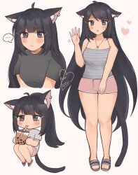  ... ahoge animal_ears bare_arms bare_shoulders black_eyes black_hair blush bubble_tea camisole cat_ears cat_girl cat_tail commentary cup english_commentary female flip-flops grey_background heart highres holding holding_cup long_hair multiple_views original pink_shorts purrlucii sandals short_shorts shorts simple_background spaghetti_strap spoken_ellipsis standing tail thighs very_long_hair 