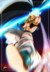  1boy abs aura black_vest blonde_hair blurry blurry_foreground cropped_vest dragon_ball dragon_ball_super dragon_ball_super_broly energy full_body gogeta green_eyes highres lafia_db male_focus metamoran_vest muscular muscular_male no_shirt open_clothes open_vest pants powering_up signature solo spiked_hair vest white_pants 