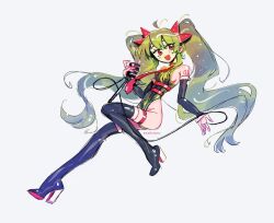  alternate_eye_color alternate_hair_color artist_name boots breasts commentary covered_navel detached_sleeves english_commentary female food food-themed_hair_ornament fruit full_body green_hair hair_ornament hatsune_miku highres holding holding_microphone leotard long_hair looking_at_viewer microphone red_eyes scalllions shoulder_tattoo sideboob simple_background small_breasts smile solo tattoo thigh_boots twintails very_long_hair vocaloid watermelon watermelon_hair_ornament watermelon_slice white_background 