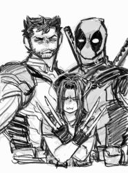  2boys beard between_pectorals blank_eyes boy_sandwich cheek_press claws clenched_teeth commentary_request deadpool deadpool_&amp;_wolverine deadpool_(series) dishing facial_hair female frown gloves greyscale head_between_pecs katana korean_commentary large_pectorals laura_kinney long_hair marvel mask mature_male monochrome multiple_boys muscular muscular_male pectorals sandwiched shirt short_hair short_sleeves superhero_costume sword teeth weapon weapon_on_back wolverine_(x-men) x-men 