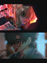  1boy amemasu79 armor artoria_pendragon_(fate) black_eyes black_hair blonde_hair blood blood_on_face blood_stain close-up crying crying_with_eyes_open emiya_kiritsugu expressionless fate/zero fate_(series) female gloves green_eyes highres invisible_air_(fate) parted_lips sweat tears upper_body 