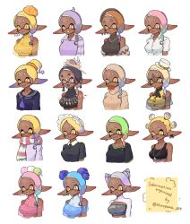  blonde_hair breasts cleavage colored_tongue dark-skinned_female dark_skin earrings female frye_(splatoon) gradient_hair highres jewelry large_breasts multicolored_hair multiple_earrings multiple_persona official_alternate_costume official_alternate_hairstyle pink_hair pointy_ears purple_hair sailor_collar scarf school_uniform shawl shiroyama_014 short_eyebrows smile splatoon_(series) splatoon_3 sports_bra tentacle_hair tooth_earrings very_long_ears yellow_eyes yellow_shawl 