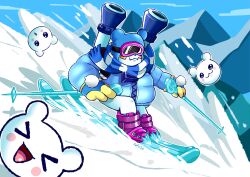  :3 absurd_res anthro bandai_namco beanie bottomless clothed clothing coat digimon digimon_(species) evolutionary_family eyewear feral fur goggles hat headgear headwear hi_res overweight parka polarbearmon scarf ski skiing snow snow_boots topwear white_body white_fur yafusa yukimibotamon 