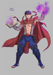  1boy abs adapted_costume alternate_costume arm_up artist_name bara bare_pectorals blue_eyes blue_hair book cape commentary commission english_commentary fire_emblem fire_emblem:_radiant_dawn full_body headband highres holding holding_book ike_(fire_emblem) magic muscular muscular_male navel nicotopin open_book pectorals red_cape red_headband revealing_clothes skin_tight solo toes 