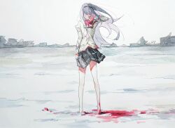  akemi_homura bare_legs barefoot black_hair black_hairband black_skirt blood blood_on_hands blood_stain bow bowtie chinese_commentary clenched_hand collared_shirt colored_inner_hair commentary_request day faceless faceless_female female floating_clothes floating_hair full_body hairband high_collar highres juliet_sleeves lace-trimmed_sleeves lace_trim long_hair long_sleeves mahou_shoujo_madoka_magica mahou_shoujo_madoka_magica_(anime) miniskirt mitakihara_school_uniform multicolored_hair no_legwear no_shoes outdoors painting_(medium) plaid_clothes plaid_skirt pleated_skirt pocket puffy_sleeves purple_hair red_bow red_bowtie ruins school_uniform shirt sijimao skirt skirt_hold sky solo standing straight-on traditional_media very_long_hair watercolor_(medium) white_sky white_wrist_cuffs wind wiping_face wrist_cuffs yellow_shirt 