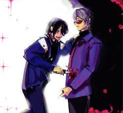  2boys absurdres artist_request black_eyes black_hair black_pants black_shirt blood blood_on_clothes blood_on_face blood_on_hands blue_jacket chinese_commentary commentary_request crazy_smile grey_hair highres jacket liu_qingcheng long_sleeves male_focus multiple_boys necktie open_clothes open_jacket open_mouth pants pink_necktie purple_shirt red-tinted_eyewear second-party_source shi_zhaoying shirt smile stab striped_clothes striped_shirt tinted_eyewear touqi_guaitan translation_request vertical-striped_clothes vertical-striped_shirt 