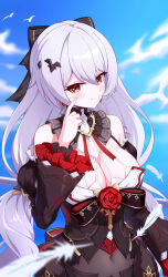  absurdres bare_shoulders bat_hair_ornament bird black_dress blue_sky blush breasts cleavage closed_mouth covered_navel cowboy_shot detached_sleeves dress earrings falling_feathers feathers female grey_hair hair_between_eyes hair_ornament hand_on_own_cheek hand_on_own_face highres honkai_(series) honkai_impact_3rd jewelry large_breasts long_hair long_sleeves puffy_long_sleeves puffy_sleeves red_eyes sky smile solo theresa_apocalypse theresa_apocalypse_(luna_kindred) theresa_apocalypse_(lunar_vow:_crimson_love) white_bird xuan_xiao_z 