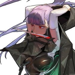  battle_suit battlesuit big_breasts bodysuit breasts_apart cloak color elbow_gloves female female_focus female_only fingerless_gloves fringe fringe_hair game_cg green_bodysuit hooded_cloak knife knife_in_mouth last_origin long_hair looking_away phantom_(last_origin) purple_hair red_eyes rorobomb shiny_bodysuit tight_bodysuit tight_clothing transparent_background upper_body white_elbow_gloves 