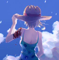  bare_arms bare_shoulders blood blood_drop blood_on_arm blue_sky camisole cloud cloudy_sky commentary_request female floating_hair from_behind green_camisole hand_on_headwear hat highres injury linch nami_(one_piece) one_piece orange_hair outdoors short_hair shoulder_tattoo sky solo spaghetti_strap straw_hat tattoo torn_clothes torn_hat upper_body 