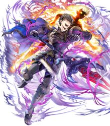  1boy armor armored_boots asatani_tomoyo aura berkut_(fire_emblem) black_hair boots cape dark_aura evil_smile eyeball female fire fire_emblem fire_emblem_echoes:_shadows_of_valentia fire_emblem_heroes full_body fur_trim gauntlets gloves glowing glowing_eyes highres holding holding_weapon looking_away male_focus official_art open_mouth pants polearm red_eyes rinea_(fire_emblem) short_hair shoulder_armor smile spear transparent_background weapon 