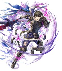  1boy armor armored_boots asatani_tomoyo aura berkut_(fire_emblem) boots broken_armor cape clenched_teeth dark_aura fire_emblem fire_emblem_echoes:_shadows_of_valentia fire_emblem_heroes full_body fur_trim gauntlets gloves glowing glowing_eyes hand_up highres holding holding_weapon looking_away male_focus official_art pants parted_lips polearm red_eyes scar shoulder_armor solo spear teeth torn_cape torn_clothes transparent_background weapon 