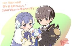  1boy armor berkut_(fire_emblem) black_eyes black_hair blue_eyes blue_hair blush braid closed_mouth commentary_request crown_braid female fire_emblem fire_emblem_echoes:_shadows_of_valentia fire_emblem_heroes flower fur_trim hair_ornament itagaki_hako long_hair long_sleeves parted_lips rinea_(fire_emblem) short_hair signature upper_body 