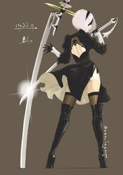  2b_(nier:automata) ama_kagerou back_cutout black_blindfold black_dress black_gloves black_hair black_hairband blindfold boots brown_thighhighs clothing_cutout commentary_request covered_eyes crossed_swords dress feather-trimmed_sleeves female fighting_stance from_behind full_body gloves hairband high_heel_boots high_heels highres juliet_sleeves katana long_sleeves nier:automata nier_(series) ootachi planted planted_sword puffy_sleeves short_hair side_slit solo sword thigh_boots thighhighs thighhighs_under_boots twitter_username two-sided_fabric two-sided_skirt vambraces virtuous_contract virtuous_treaty weapon white_hair 