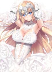  ahoge armpits arms_behind_head blonde_hair blush breasts chains cleavage closed_mouth commentary cowboy_shot dress fate/apocrypha fate/grand_order fate_(series) female headpiece highres jeanne_d&#039;arc_(fate) jeanne_d&#039;arc_(ruler)_(fate) lace_trim large_breasts leotard long_hair looking_at_viewer navel skindentation skirt skirt_under_leotard smile solo untue very_long_hair wedding_dress white_leotard white_skirt 