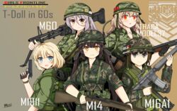  5girls absurdres ahoge alice_gear alternate_costume ammunition_belt assault_rifle battle_rifle camouflage cartridge character_name chinese_commentary cigarette_pack combat_helmet commentary_request girls&#039;_frontline gun handgun hat helmet highres ithaca_m37 kochiya_tenko m14 m14_(girls&#039;_frontline) m16 m16a1 m16a1_(girls&#039;_frontline) m1911 m1911_(girls&#039;_frontline) m1_helmet m37_(girls&#039;_frontline) m60 m60_(girls&#039;_frontline) marlboro military military_hat military_uniform multiple_girls pump_action retro_artstyle rifle shotgun shotgun_shell signature uniform united_states_army vietnam_war weapon woodland_camouflage 