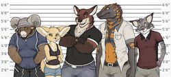  anthro beard biped bovid canadian_lynx canid canine canis caprine carl_hendricks clothed clothing digital_media_(artwork) echo_(game) echo_(series) echo_project facial_hair felid feline female flynn_moore fur gila_monster group hat headgear headwear helodermatid horn jenna_begay leo_alvarez lizard lynx male mammal muscular muscular_male reptile scalie simple_background smile stardust_pup tj_hess wolf 