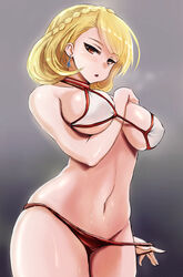  arm_between_breasts asymmetrical_bangs azur_lane bazooka_cat between_breasts bikini bikini_pull blonde_hair blush braid breasts clothes_pull commentary_request cowboy_shot crown_braid earrings female grey_background highres jewelry large_breasts looking_at_viewer navel official_alternate_costume parted_lips prince_of_wales_(azur_lane) prince_of_wales_(sun_shining_upon_windsor)_(azur_lane) red_bikini red_eyes short_hair simple_background skindentation solo sweat swept_bangs swimsuit white_bikini 