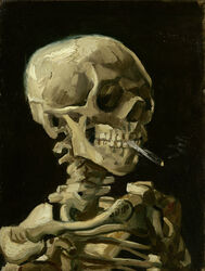  1885 1886 19th_century absurd_res ancient_art animated_skeleton anterior_nasal_aperture black_background bone cigarette formal_art goes_hard grandfathered_content hi_res humanoid not_furry oil_painting_(artwork) painting_(artwork) post-impressionism simple_background skeleton skull smoking solo teeth traditional_media_(artwork) undead vincent_van_gogh 