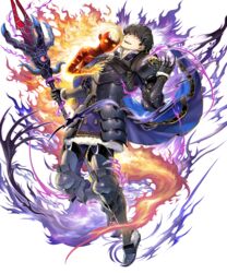  1boy armor asatani_tomoyo berkut_(fire_emblem) cape female fire_emblem fire_emblem_echoes:_shadows_of_valentia fire_emblem_heroes full_body fur_trim gloves highres holding holding_weapon male_focus official_art red_eyes rinea_(fire_emblem) short_hair transparent_background weapon 