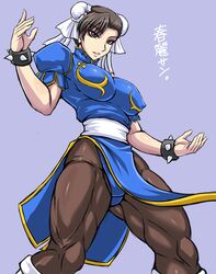  blue_background blue_dress boots bracelet breasts brown_eyes brown_hair brown_pantyhose bun_cover china_dress chinese_clothes chun-li commentary_request covered_nipples cross-laced_footwear double_bun dress earrings eyeshadow feet_out_of_frame female fighting_stance from_below hair_bun jewelry looking_at_viewer makeup muscular muscular_female open_mouth pantyhose pelvic_curtain puffy_short_sleeves puffy_sleeves red_eyeshadow sash short_sleeves side_slit simple_background solo spiked_bracelet spikes street_fighter taroimo_(00120014) thick_thighs thighs white_footwear 