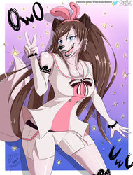  alternate_species anthro arm_by_side bent_arm black_nose blue_eyes border brown_hair canid canine canis clothed clothing digital_media_(artwork) emoticon extended_arm female furrification gesture hair hand_gesture hi_res kizuna_ai light_border mammal open_mouth outside_border owo raised_hand ribbons shaded solo tucked_arm uwu v_sign viejillox vtuber white_border wolf 