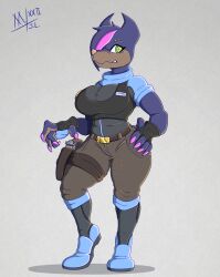  angry anthro big_breasts breasts canid canine canis clothing colored_nails copdog_(meatboom) dobermann domestic_dog eye_piercing female green_eyes gun gun_holster hi_res highlights_(coloring) mammal meatboom nails pink_nails pinscher police police_uniform ranged_weapon solo thick_thighs uniform weapon 