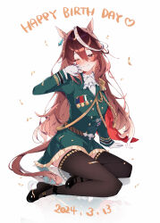  absurdres aiguillette animal_ears ascot black_footwear black_thighhighs bow brown_hair cape commentary_request dated ear_ornament earrings english_text epaulettes female gloves happy_birthday highres horse_ears horse_girl horse_tail jewelry long_hair long_sleeves looking_at_viewer medal mochiyu_(mochiko) multicolored_hair one_eye_closed purple_eyes red_cape shirt single_epaulette sitting skirt smile streaked_hair symboli_rudolf_(umamusume) tail thighhighs umamusume white_ascot white_gloves white_hair 