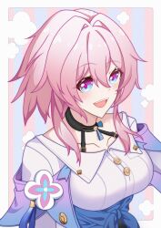  absurdres black_choker blue_eyes breasts choker collarbone commentary female hair_intakes highres honkai:_star_rail honkai_(series) kugu_natie march_7th_(honkai:_star_rail) march_7th_(preservation)_(honkai:_star_rail) medium_breasts pink_hair purple_eyes shirt short_hair solo two-tone_eyes upper_body white_shirt 