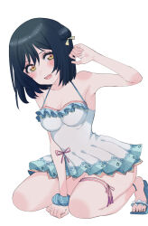  arm_support armpits between_legs black_hair blush breasts cleavage commentary_request cream_(nipakupa) female hair_ribbon hand_between_legs hand_up leg_ribbon looking_at_viewer love_live! love_live!_nijigasaki_high_school_idol_club love_live!_school_idol_festival_all_stars medium_breasts mifune_shioriko oerba_yun_fang official_alternate_costume open_mouth orange_eyes pink_ribbon ribbon sandals short_hair simple_background solo summer_splash_(love_live!) swept_bangs swimsuit swimsuit_skirt thigh_ribbon white_background 