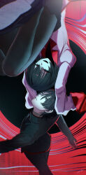  1boy absurdres ahoge araragi_koyomi asa_going black_eyes black_hair black_jacket black_necktie black_pants black_pantyhose black_skirt empty_eyes female highres jacket long_sleeves looking_at_another looking_at_viewer monogatari_(series) narrowed_eyes necktie oshino_ougi pale_skin pants pantyhose pink_shirt shirt short_hair skirt sleeves_past_fingers sleeves_past_wrists smile 