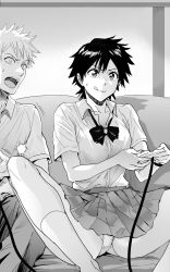  1boy :q arisawa_tatsuki black_hair bleach bow bowtie breasts closed_mouth collared_shirt commentary controller couch daraz feet_out_of_frame female game_controller greyscale highres holding holding_controller holding_game_controller indoors kneehighs kurosaki_ichigo licking_lips looking_at_another looking_at_viewer medium_breasts miniskirt monochrome on_couch panties pantyshot playing_games pleated_skirt revision sanpaku school_uniform shirt short_hair short_sleeves side-by-side sitting skirt smile socks solo_focus spiked_hair spread_legs sweatdrop symbol-only_commentary tongue tongue_out underwear v-shaped_eyebrows wide-eyed wing_collar 