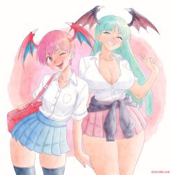  2girls :d arm_at_side artist_name bag bat_wings black_sweater black_thighhighs blue_skirt blush breast_pocket breasts bright_pupils celebelian cleavage clothes_around_waist collarbone collared_shirt commentary cowboy_shot darkstalkers demon_girl dress_shirt earrings english_commentary eyelashes green_eyes green_hair grin hand_up head_tilt head_wings height_difference highres holding holding_bag jewelry large_breasts leaning_to_the_side lilith_(darkstalkers) long_hair looking_at_viewer miniskirt morrigan_aensland multiple_earrings multiple_girls nose_blush one_eye_closed parted_lips partially_unbuttoned piercing pink_skirt pleated_skirt pocket purple_hair red_bag red_eyes school_bag school_uniform shirt short_hair short_sleeves side-by-side skirt small_breasts smile solo stud_earrings sweater sweater_around_waist thighhighs tongue tongue_out tongue_piercing twitter_username v very_long_hair very_short_hair white_pupils white_shirt wings zettai_ryouiki 