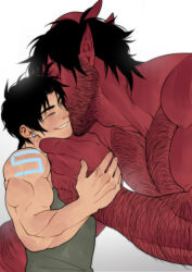  2boys absurdres arm_hair bara beard black_hair chest_hair closed_eyes colored_skin commentary demon demon_horns dominique_(the_devil_and_s-13) earrings english_commentary facial_hair green_tank_top grin highres horns jewelry kissing kissing_cheek male_focus multiple_boys muscular muscular_male one_eye_closed pectoral_cleavage pectorals pointy_ears red_skin short_hair size_difference smile steen_(the_devil_and_s-13) suyohara tank_top tattoo teeth the_devil_and_s-13 yaoi 