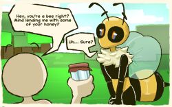  antennae_(anatomy) anthro arthropod bee big_breasts breasts clothing digital_media_(artwork) duo fur hi_res hymenopteran insects male male/male mammal notsafeforwanking simple_background solo text wings yellow_body 