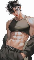  1boy :p abs absurdres bare_shoulders belt belt_buckle black_belt black_hair black_jacket black_pants black_shirt blue_eyes buckle closed_mouth collarbone commentary crop_top ear_piercing earrings genshin_impact grey_hair hair_between_eyes hand_in_pocket head_tilt highres jacket jacket_partially_removed jewelry long_sleeves looking_at_viewer male_focus merururuu midriff multicolored_hair navel pants parted_bangs piercing scar scar_on_arm scar_on_cheek scar_on_face scar_on_neck scar_on_stomach shirt short_hair simple_background sleeveless sleeveless_shirt solo stomach streaked_hair stud_earrings sweat symbol-only_commentary tongue tongue_out white_background wriothesley_(genshin_impact) 