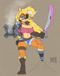  2022 activision anthro bandicoot boots bottomwear clothing crash_(series) cybernetics cyborg eye_patch eyewear female footwear hair hi_res hotpants jacket machine mammal marsupial meatboom melee_weapon messy_hair mouth_scar notched_ear pirate pirate_tawna prosthetic prosthetic_leg prosthetic_limb redesign shoes shorts solo sword topwear torn_clothing weapon weapon_arm 