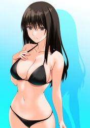  bikini black_bikini black_eyes breasts collarbone commission death_note engo_(aquawatery) female gradient_background hand_on_own_chest highres large_breasts long_hair looking_at_viewer misora_naomi navel pixiv_commission simple_background solo stomach swimsuit 