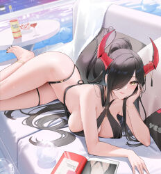  azur_lane bikini black_bikini black_hair black_nails breasts cleavage closed_mouth couch cup demon_girl demon_horns drinking_glass female fingernails friedrich_der_grosse_(azur_lane) friedrich_der_grosse_(one_summer_night&#039;s_intimacy)_(azur_lane) glass_bottle hair_over_one_eye halterneck highres horns large_breasts long_hair looking_at_viewer lying magazine_(object) nail_polish official_alternate_costume official_alternate_hairstyle on_couch on_stomach ponytail qing_wu red_horns round_table skindentation smile solo swimsuit swimsuit_under_clothes table thigh_strap thighs toenail_polish toenails very_long_hair yellow_eyes 