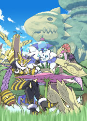  2girls absurdres bird braid breasts ceresmon ceresmon_medium covered_eyes crossed_legs digimon digimon_(creature) eye_mask flower hand_fan highres holding holding_fan large_breasts long_hair multiple_girls narome_and_levy one_eye_closed pink_hair plant purple_flower purple_hair purple_rose queenbeemon rose sitting skadimon strapless table tube_top twin_braids vespamon vines yellow_mask 