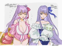  2girls bare_shoulders blue_choker blue_eyes blue_ribbon breasts choker cleavage closed_eyes collarbone commentary_request double_bun fate/grand_order fate_(series) flat_chest frilled_sleeves frills haa065 hair_bun hair_ribbon highres huge_breasts long_hair meltryllis_(fate) meltryllis_(swimsuit_lancer)_(fate) meltryllis_(swimsuit_lancer)_(second_ascension)_(fate) multiple_girls one-piece_swimsuit one_eye_closed passionlip_(fate) pink_ribbon purple_hair ribbon siblings sisters swimsuit translation_request 