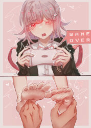  absurdres barefoot black_jacket blush danganronpa_(series) danganronpa_2:_goodbye_despair female flipped_hair game_over handheld_game_console hands_up highres holding holding_handheld_game_console hood hood_down hooded_jacket jacket long_sleeves medium_hair mian_mian nanami_chiaki neck_ribbon open_clothes open_jacket pink_background pink_eyes playing_games ribbon shirt soles spaceship_hair_ornament tickling tickling_feet white_shirt wizardry_mao 