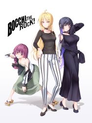  3girls @_@ absurdres ahoge arm_behind_head arm_up bare_shoulders black_choker black_dress black_footwear black_hair black_shirt blonde_hair blue_hair blush bocchi_the_rock! breasts choker closed_mouth collarbone colored_inner_hair commentary_request dress drinking_straw drinking_straw_in_mouth ear_piercing full_body geta green_dress green_eyes hand_on_own_hip highres hiroi_kikuri ijichi_seika large_breasts leaning_forward long_sleeves medium_breasts mouth_piercing multicolored_hair multiple_girls pa-san pants piercing purple_eyes purple_hair red_eyes sharp_teeth shirt simple_background single_bare_shoulder single_off_shoulder sleeves_past_fingers sleeves_past_wrists small_breasts smile standing strap_slip striped_clothes striped_pants teeth vertical-striped_clothes vertical-striped_pants white_background yoru0409 