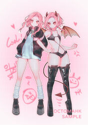  2girls artist_name ballet_boots bare_shoulders black_footwear black_jacket black_sclera blonde_hair boots colored_sclera commentary_request demon_girl demon_horns demon_tail demon_wings dress dual_persona flat_chest full_body grey_dress highres horns jacket medium_hair multiple_girls octoma open_clothes open_jacket original pink_hair pointy_ears red_eyes sample_watermark socks standing tail thigh_boots torn_wings watermark wedge_heels wings 