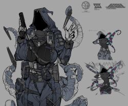  breasts dog_tags english_commentary faceless female grey_background gun highres holding holding_gun holding_weapon holstered hood hoodie jacket juerucj large_breasts logo mechanical_tail monster_girl multiple_views original pouch simple_background tail tentacle uniform v weapon zipper 