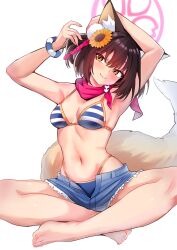  absurdres animal_ears bare_shoulders barefoot bikini blue_archive blue_bikini blush breasts denim denim_shorts female flower fox_ears fox_girl fox_tail hair_flower hair_ornament halo highres izuna_(blue_archive) izuna_(swimsuit)_(blue_archive) looking_at_viewer medium_breasts navel pink_scarf pom_pom_(clothes) pom_pom_hair_ornament scarf short_hair shorts sitting smile solo striped_bikini striped_clothes sunflower sunflower_hair_ornament swimsuit tail visor_cap wisespeak 