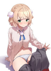  absurdres arm_support black_skirt blonde_hair blush braid closed_mouth clothes_pull collared_shirt commentary_request crown_braid eru_(l_illust45) female green_eyes hair_ornament hair_rings highres indie_virtual_youtuber looking_at_viewer navel panties pom_pom_(clothes) pom_pom_hair_ornament shigure_ui_(vtuber) shirt short_hair simple_background sitting skirt skirt_pull solo stomach striped_clothes striped_skirt underwear vertical-striped_clothes vertical-striped_skirt virtual_youtuber white_background white_panties white_shirt 