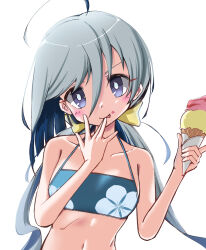  ahoge bikini blue_bikini collarbone female flat_chest floral_print food grey_eyes grey_hair hair_between_eyes highres ice_cream kantai_collection kiyoshimo_(kancolle) kiyoshimo_kai_ni_(kancolle) kiyoshimo_kai_ni_(swimsuit_mode)_(kancolle) licking long_hair low_twintails simple_background solo swimsuit tongue tongue_out twintails upper_body wada-kun white_background 